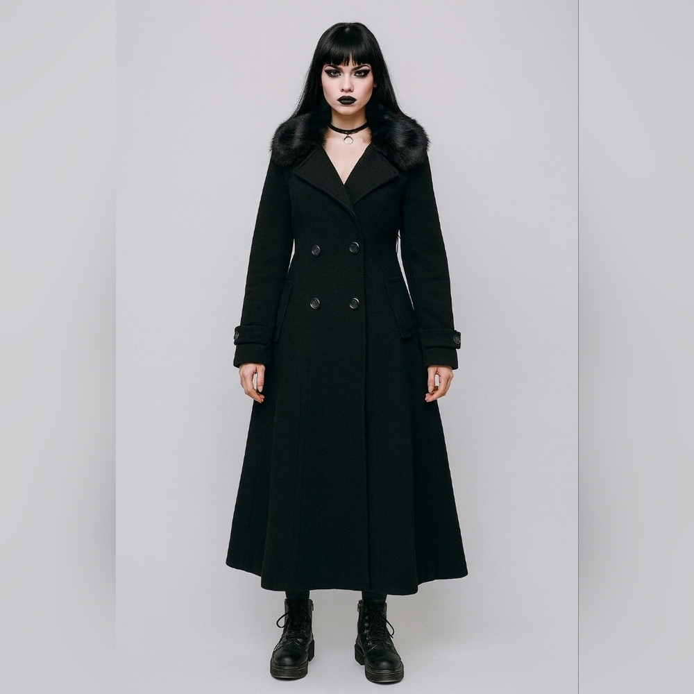 Sisley Black Wool Maxi Coat Faux Fur Collar 44 Italycore Dark Academia Gothic Wh